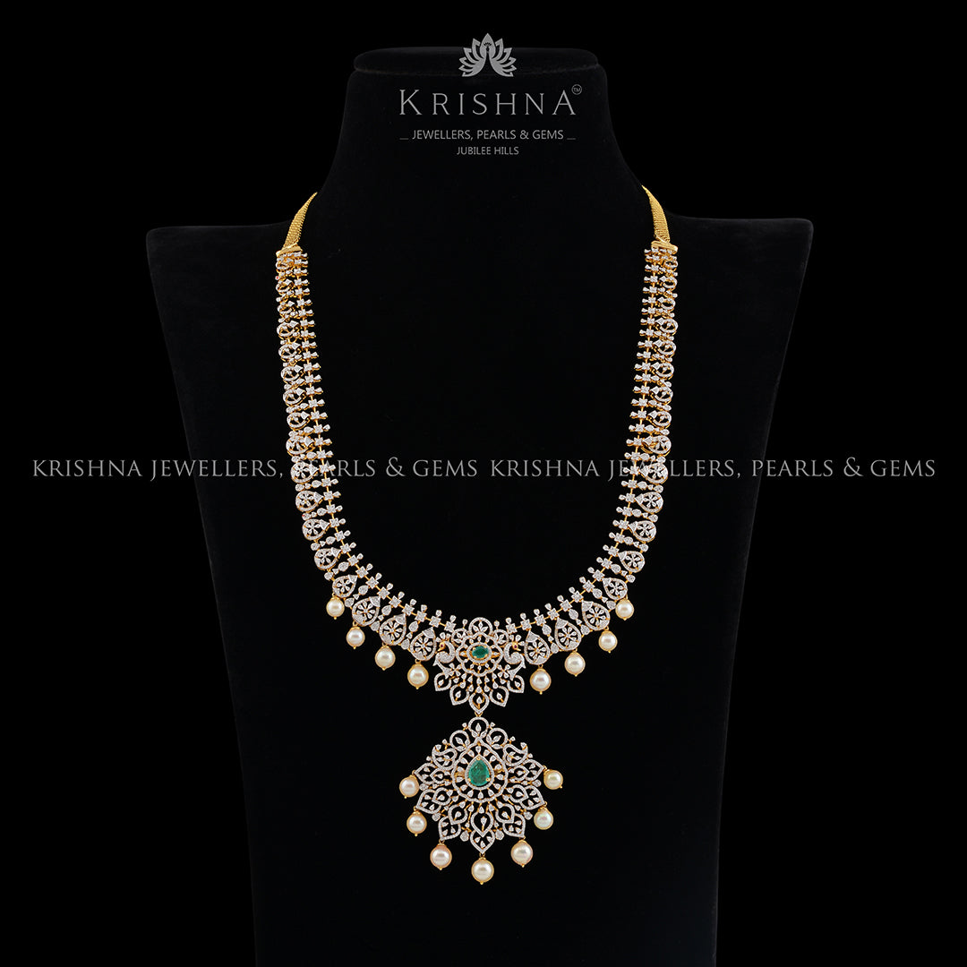 Diamond Hanging Pearl Long Haram - Krishna Jewellers Pearls and Gems