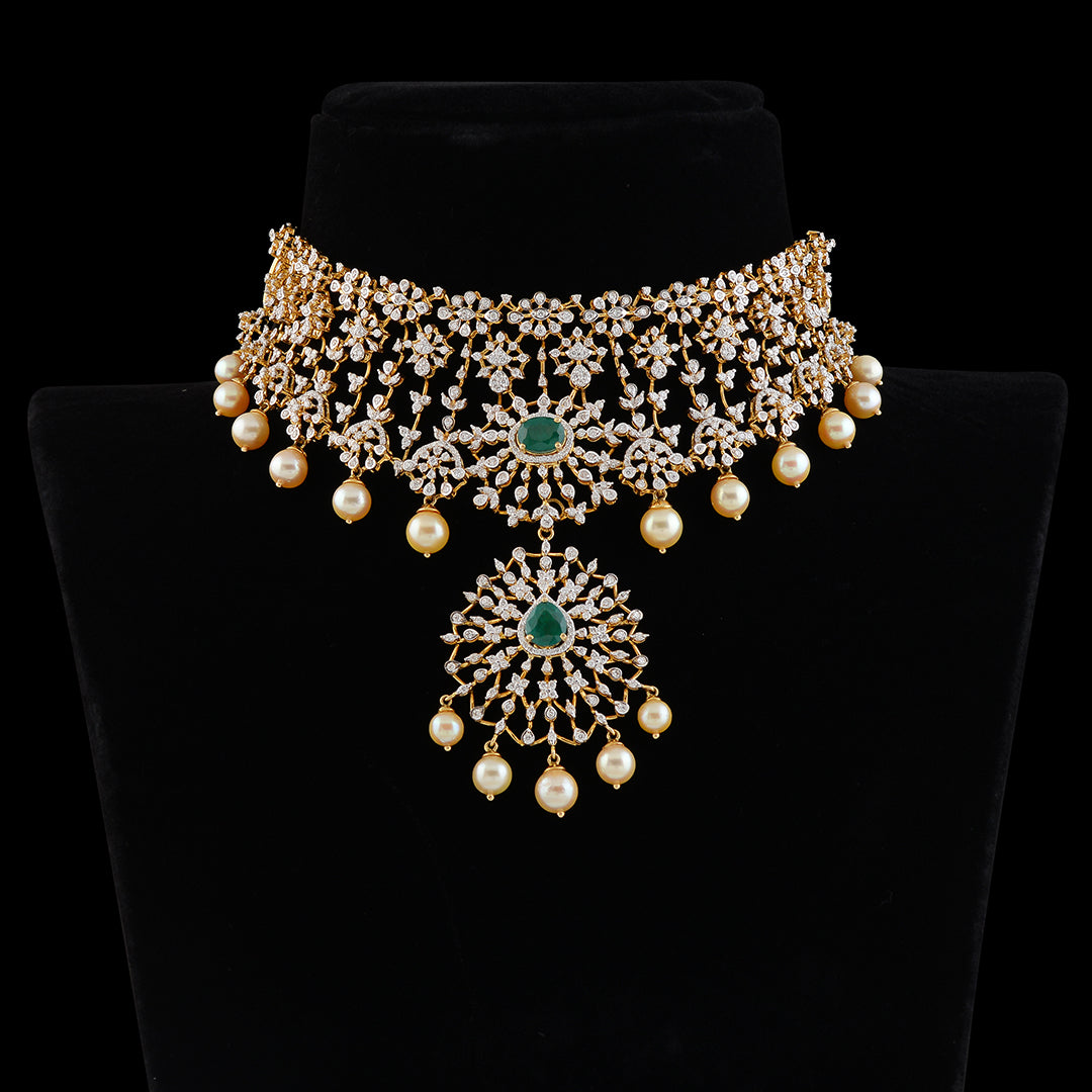 Floral Diamond Pearl Choker with hanging pendent - Krishna Jewellers Pearls and Gems