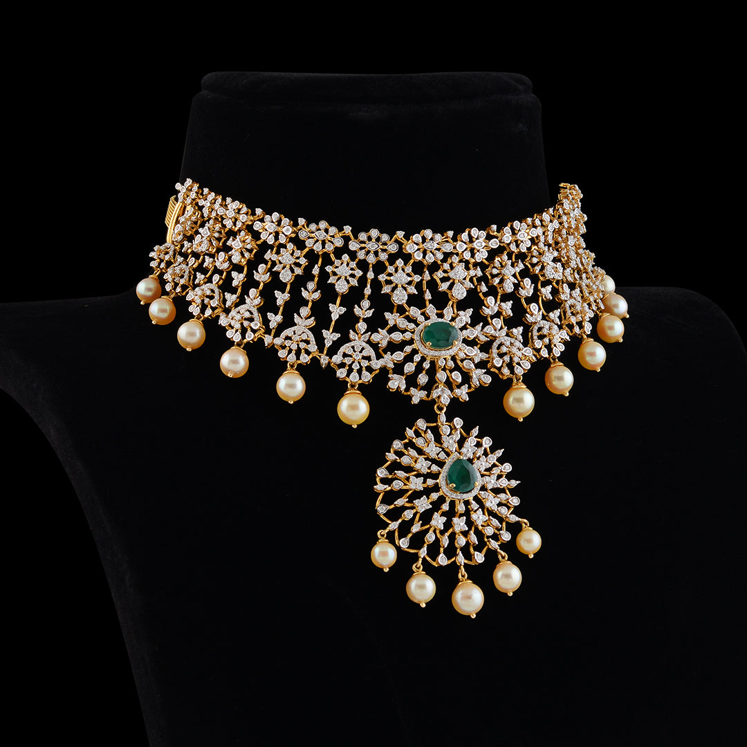 Floral Diamond Pearl Choker with hanging pendent - Krishna Jewellers Pearls and Gems