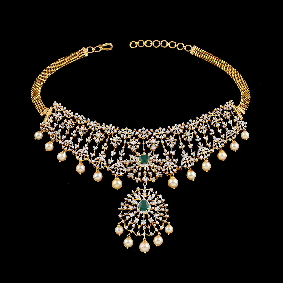 Floral Diamond Pearl Choker with hanging pendent - Krishna Jewellers Pearls and Gems