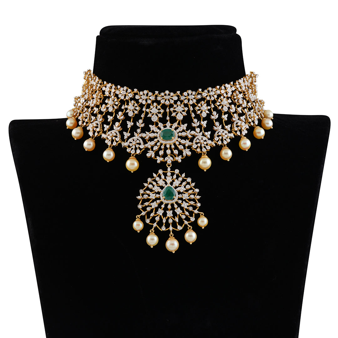 Floral Diamond Pearl Choker with hanging pendent - Krishna Jewellers Pearls and Gems