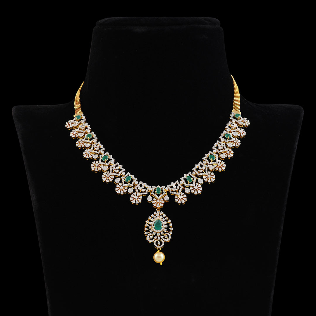 Diamond Color stones Short Necklace - Krishna Jewellers Pearls and Gems