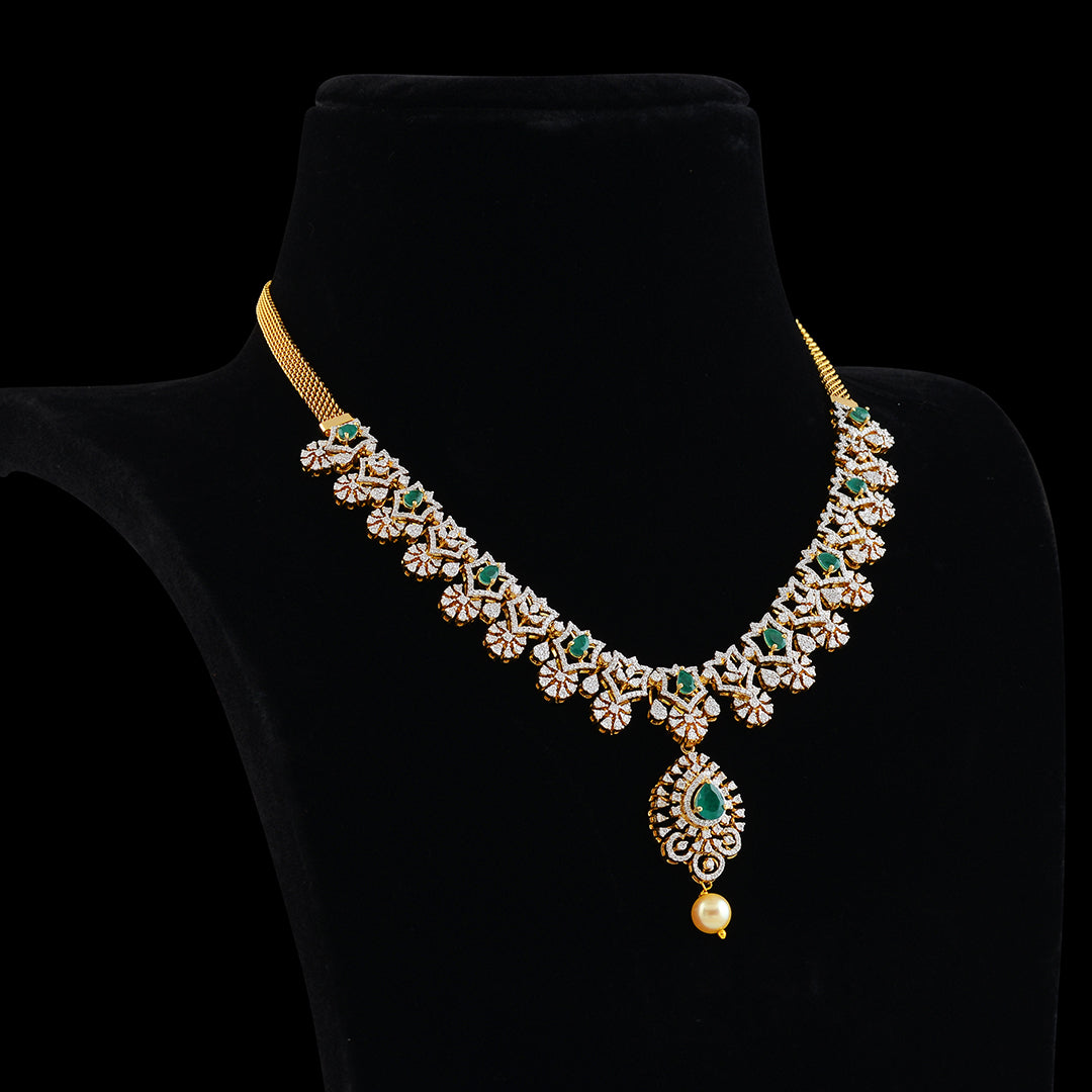 Diamond Color stones Short Necklace - Krishna Jewellers Pearls and Gems