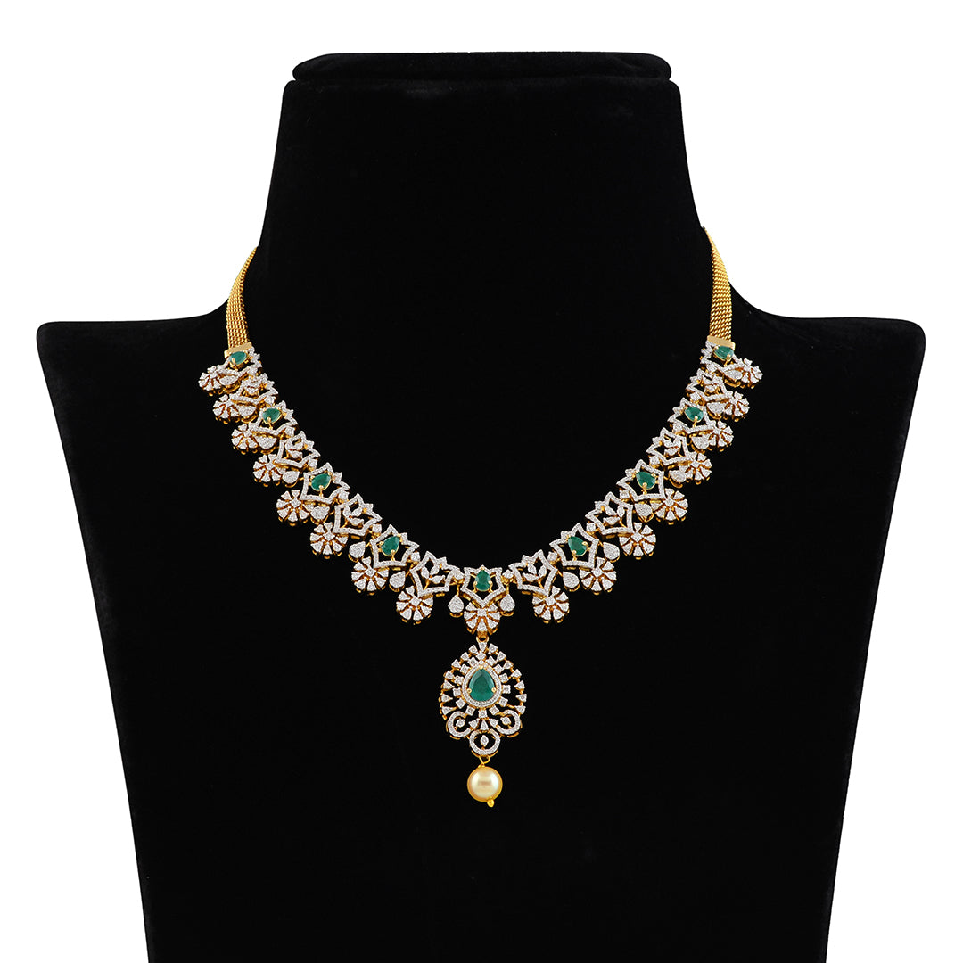 Diamond Color stones Short Necklace - Krishna Jewellers Pearls and Gems