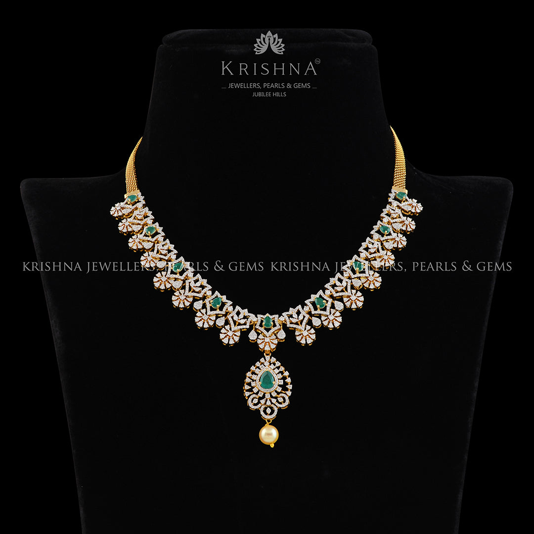 Diamond Color stones Short Necklace - Krishna Jewellers Pearls and Gems