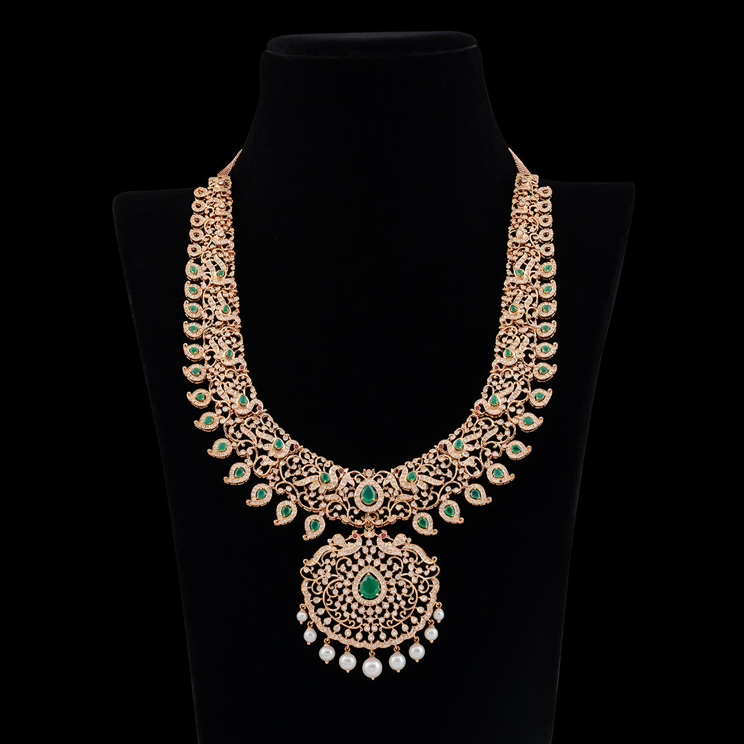Diamond Peacock Mango Long Haram - Krishna Jewellers Pearls and Gems