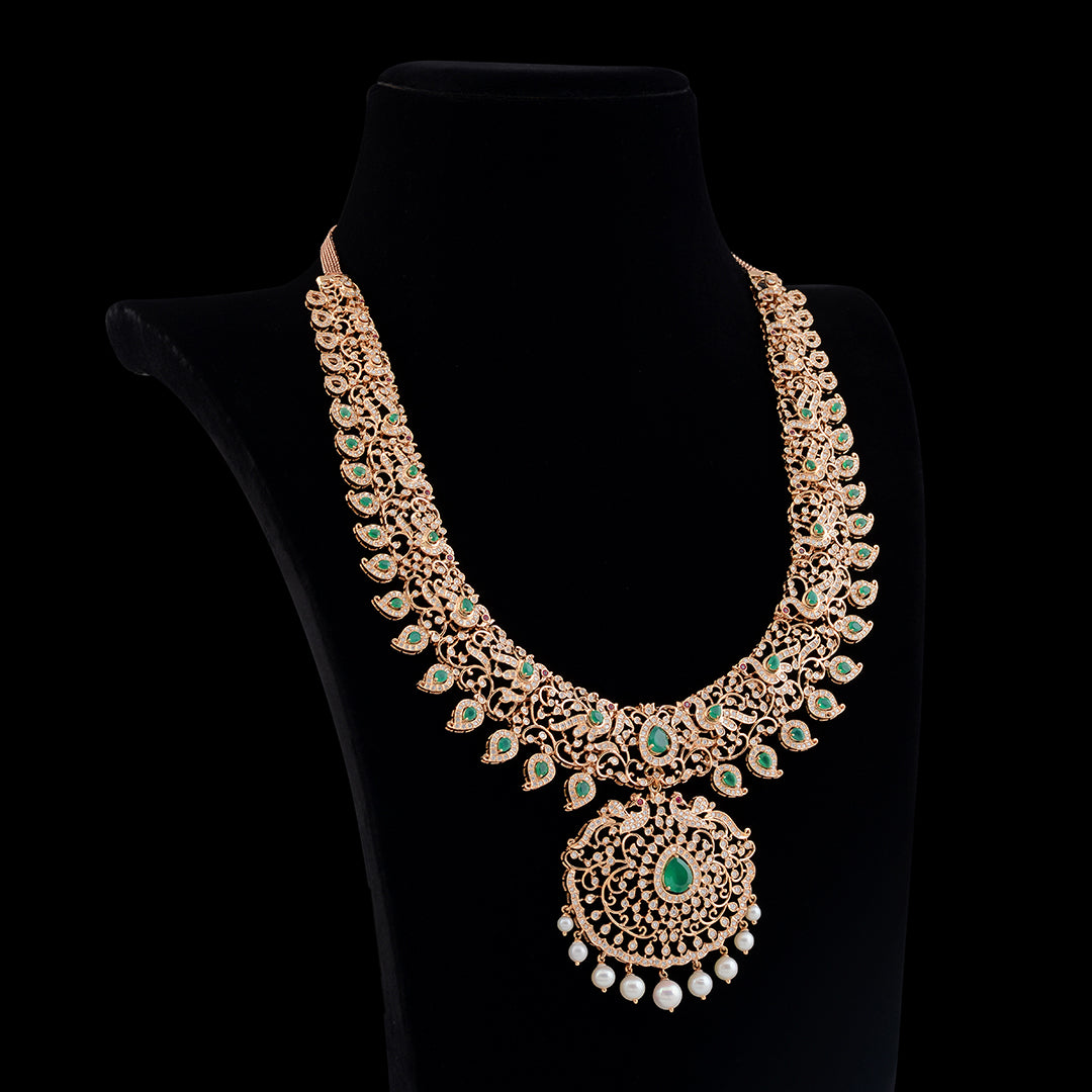 Diamond Peacock Mango Long Haram - Krishna Jewellers Pearls and Gems