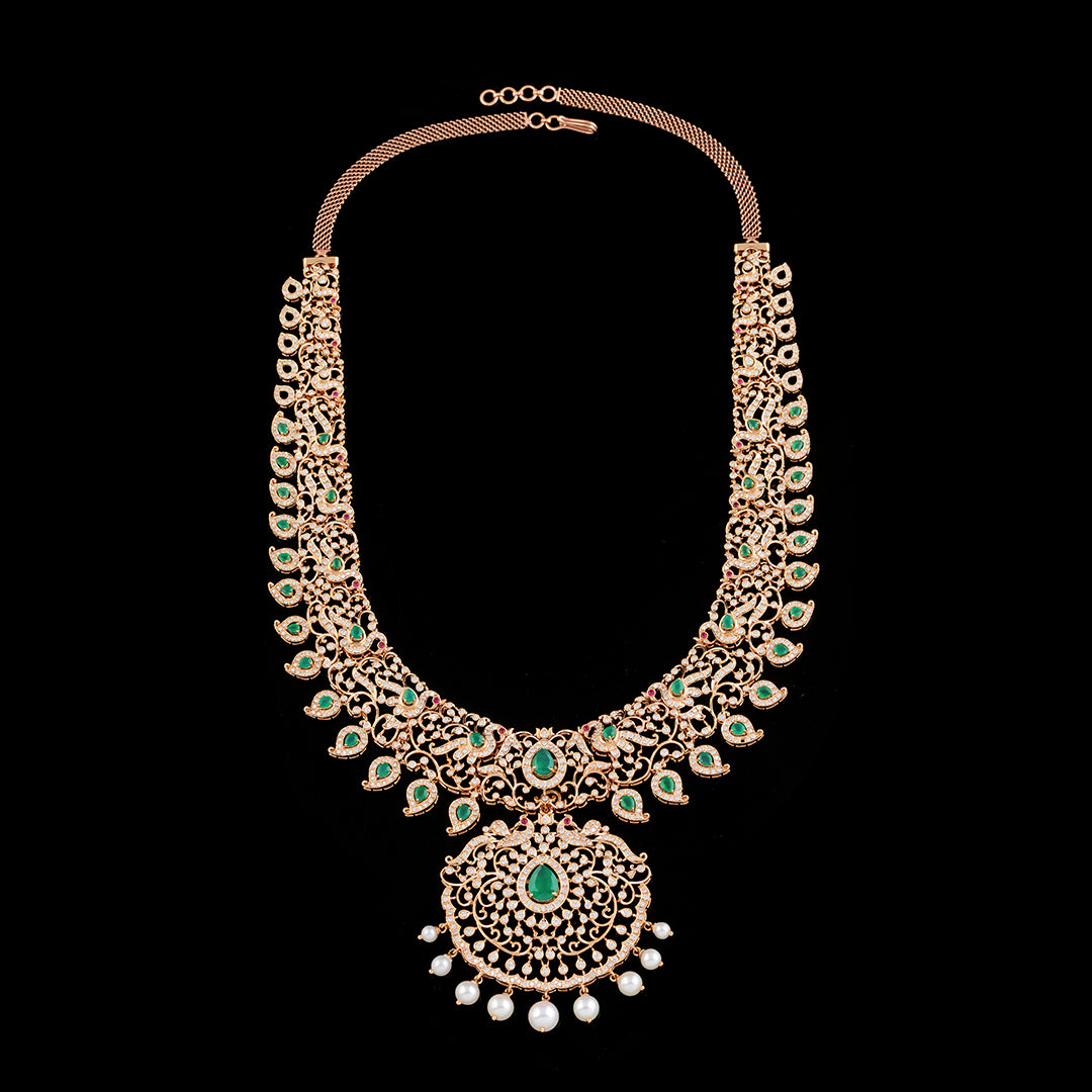 Diamond Peacock Mango Long Haram - Krishna Jewellers Pearls and Gems