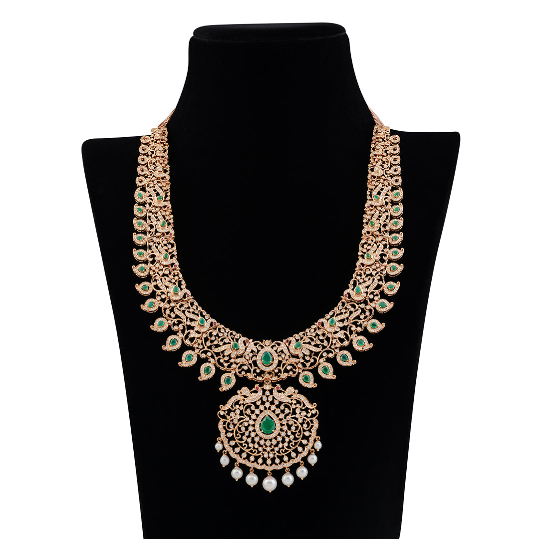 Diamond Peacock Mango Long Haram - Krishna Jewellers Pearls and Gems