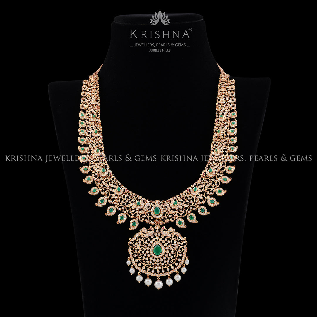 Diamond Peacock Mango Long Haram - Krishna Jewellers Pearls and Gems