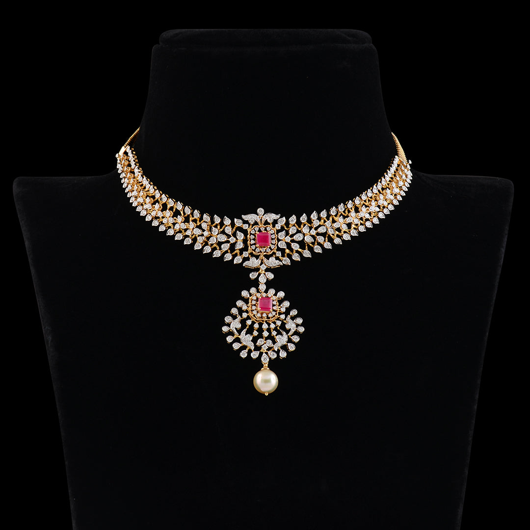 Diamond Ruby Pearl short necklace - Krishna Jewellers Pearls and Gems