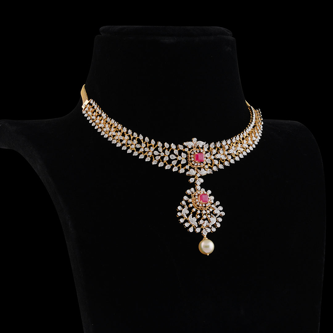 Diamond Ruby Pearl short necklace - Krishna Jewellers Pearls and Gems