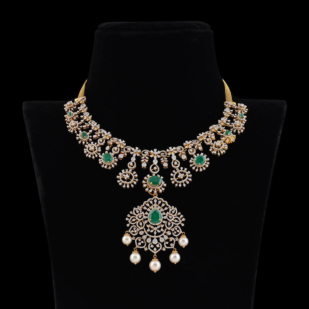 Diamond Short Necklace with beads and pearls - Krishna Jewellers Pearls and Gems