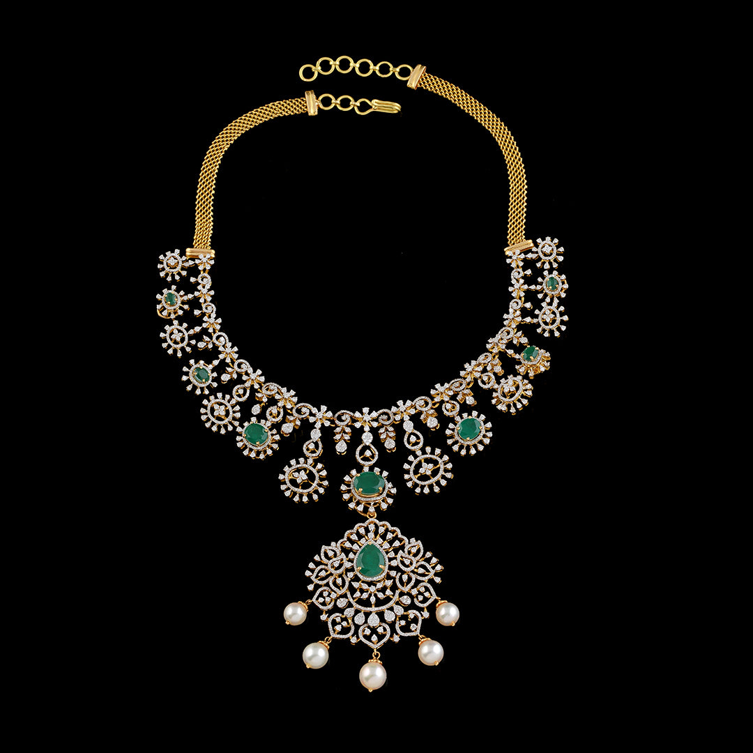 Diamond Short Necklace with beads and pearls - Krishna Jewellers Pearls and Gems