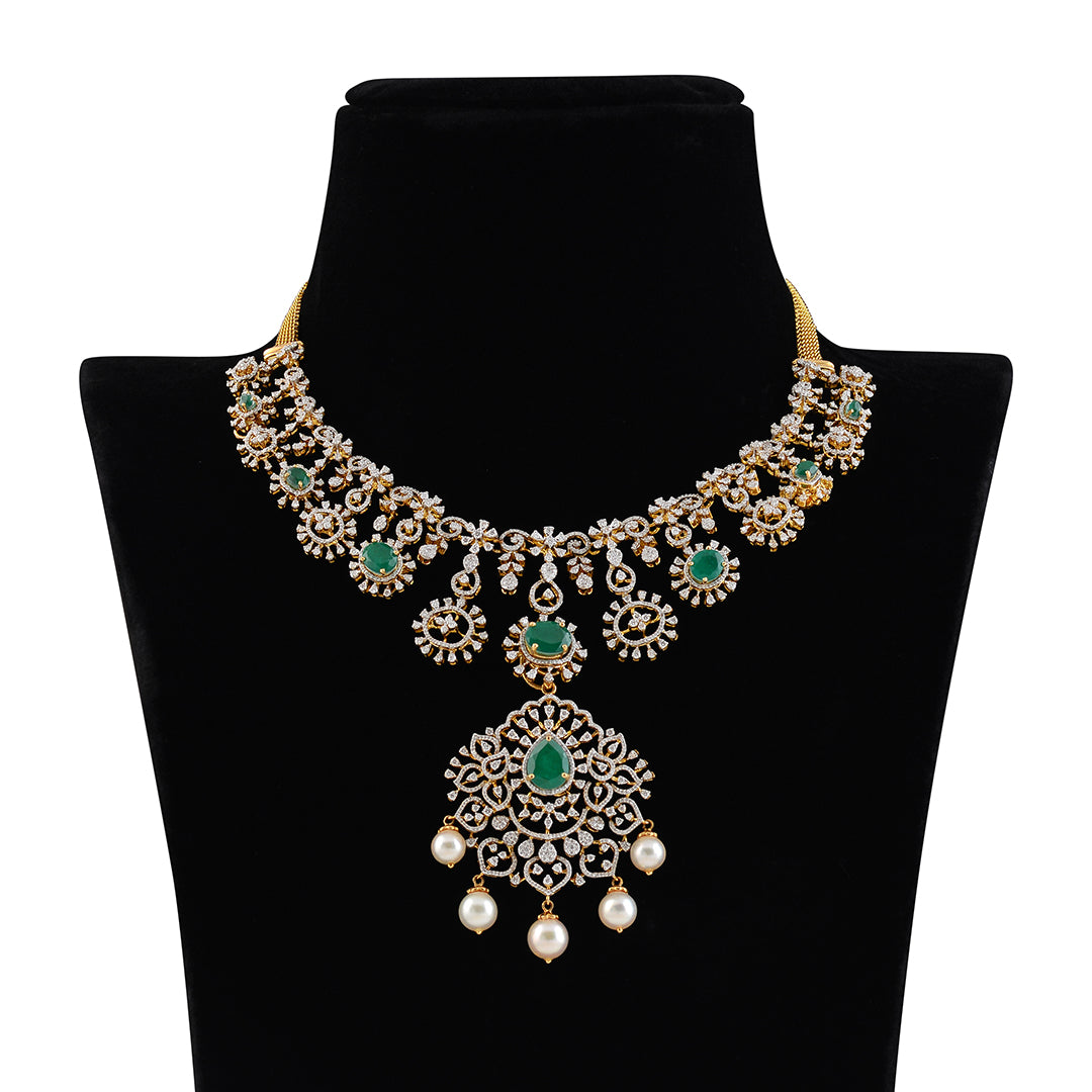 Diamond Short Necklace with beads and pearls - Krishna Jewellers Pearls and Gems