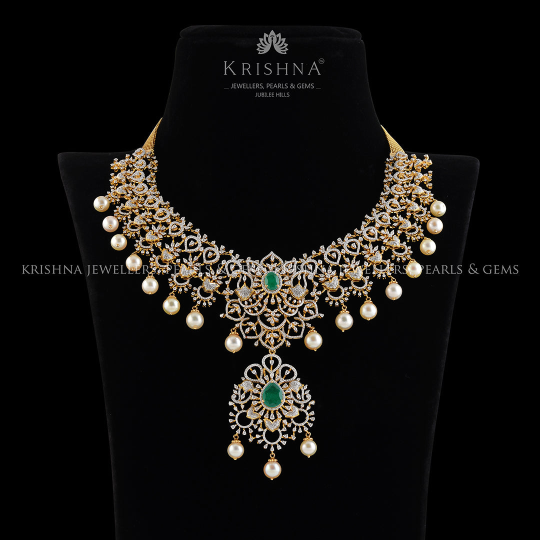 Diamond Hanging Pearls Choker - Krishna Jewellers Pearls and Gems