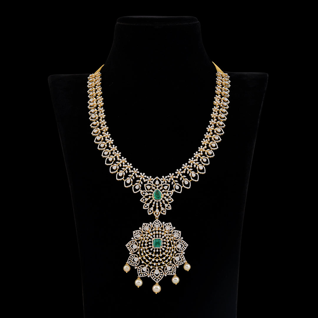 Floral Diamond Emerald Pearl Long Haar - Krishna Jewellers Pearls and Gems