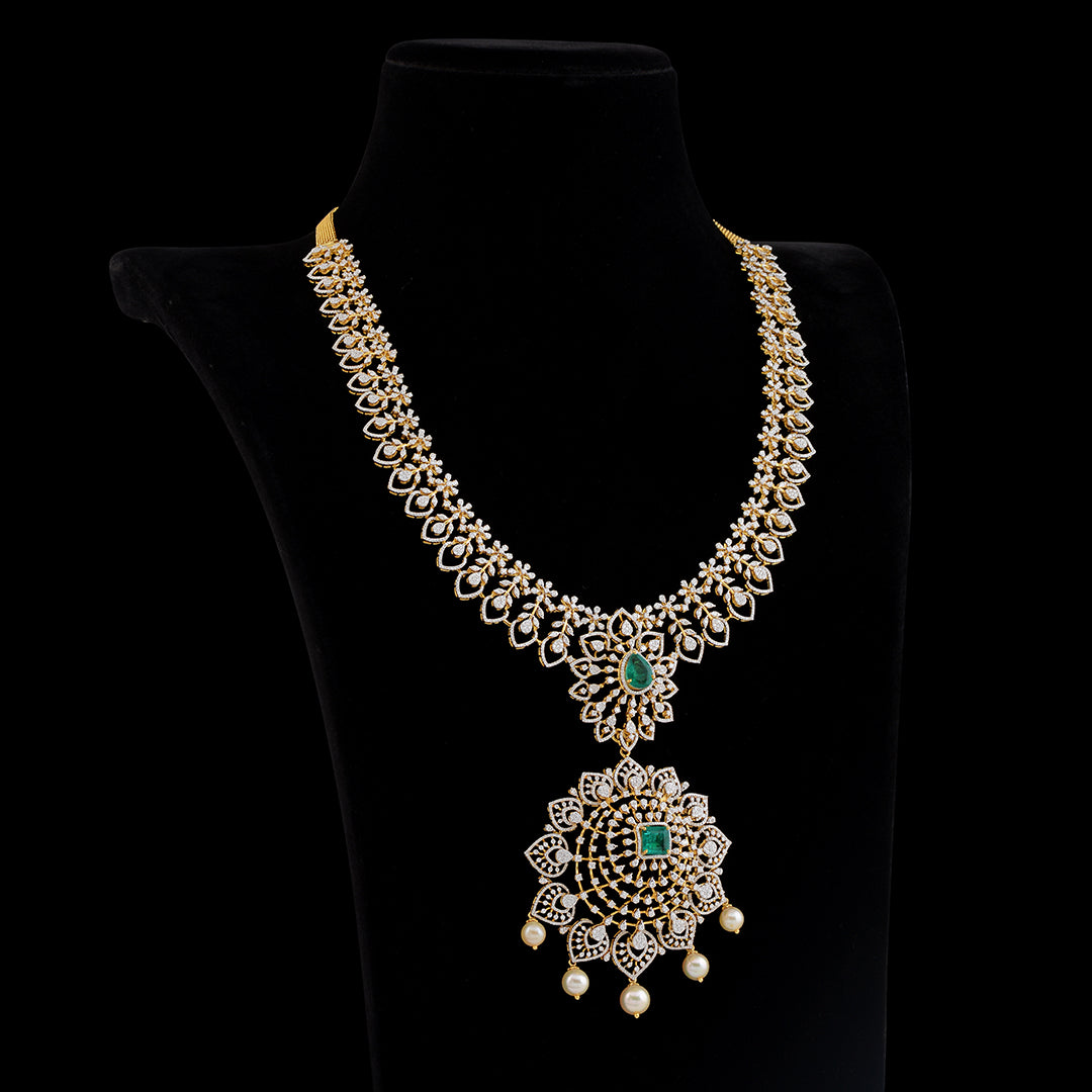 Floral Diamond Emerald Pearl Long Haar - Krishna Jewellers Pearls and Gems