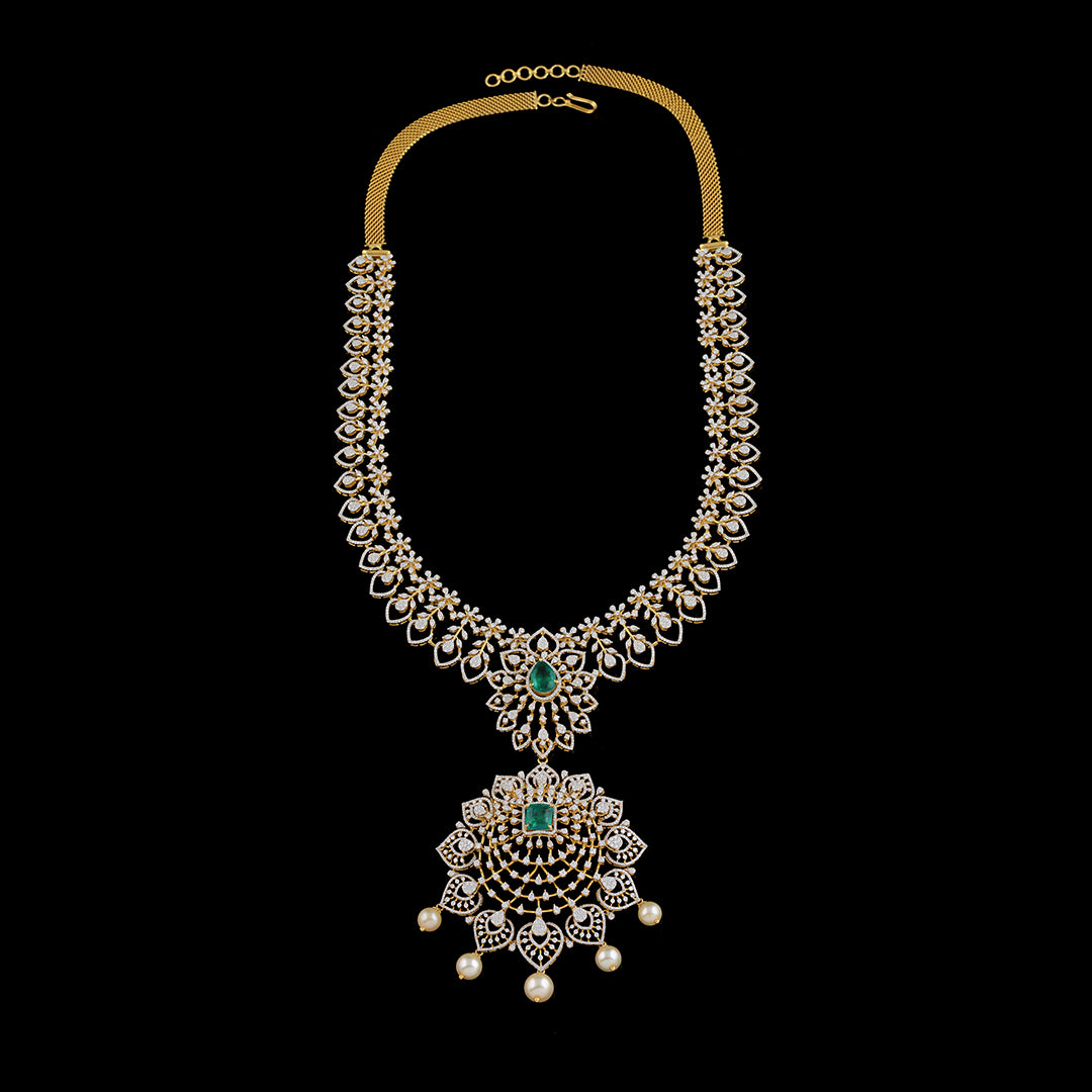 Floral Diamond Emerald Pearl Long Haar - Krishna Jewellers Pearls and Gems