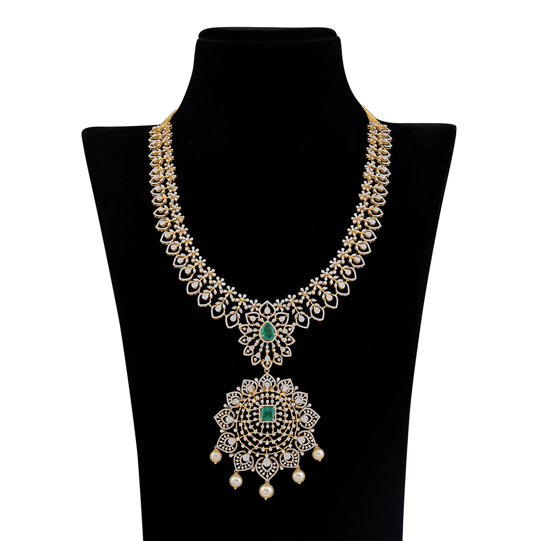 Floral Diamond Emerald Pearl Long Haar - Krishna Jewellers Pearls and Gems
