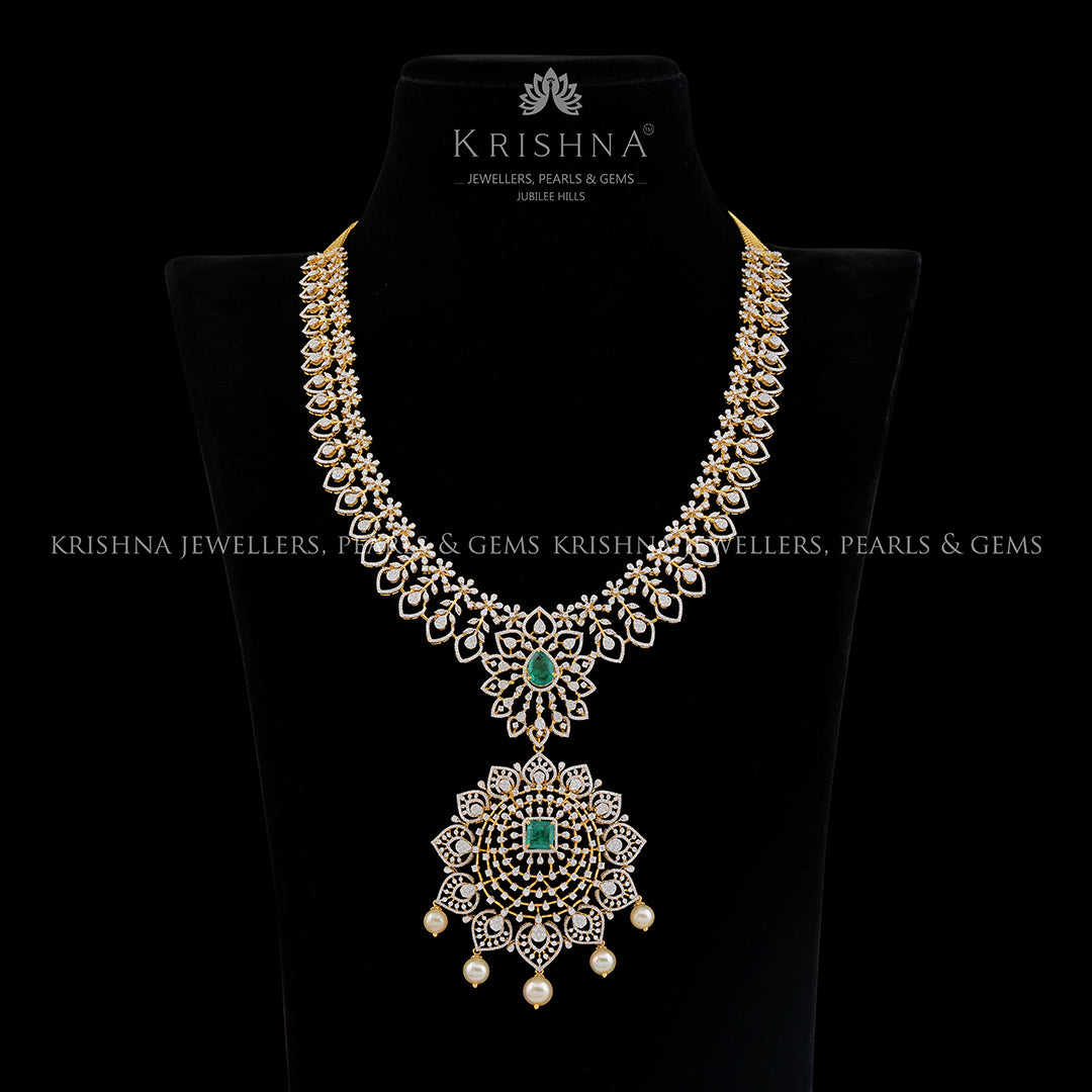 Floral Diamond Emerald Pearl Long Haar - Krishna Jewellers Pearls and Gems