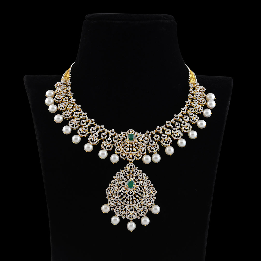 Diamond Pearl Emerald Choker Necklace - Krishna Jewellers Pearls and Gems