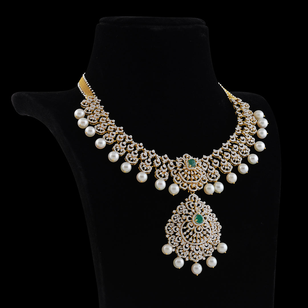 Diamond Pearl Emerald Choker Necklace - Krishna Jewellers Pearls and Gems