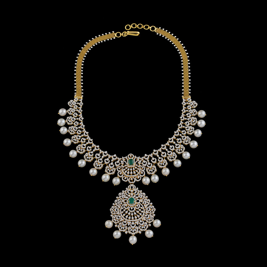 Diamond Pearl Emerald Choker Necklace - Krishna Jewellers Pearls and Gems