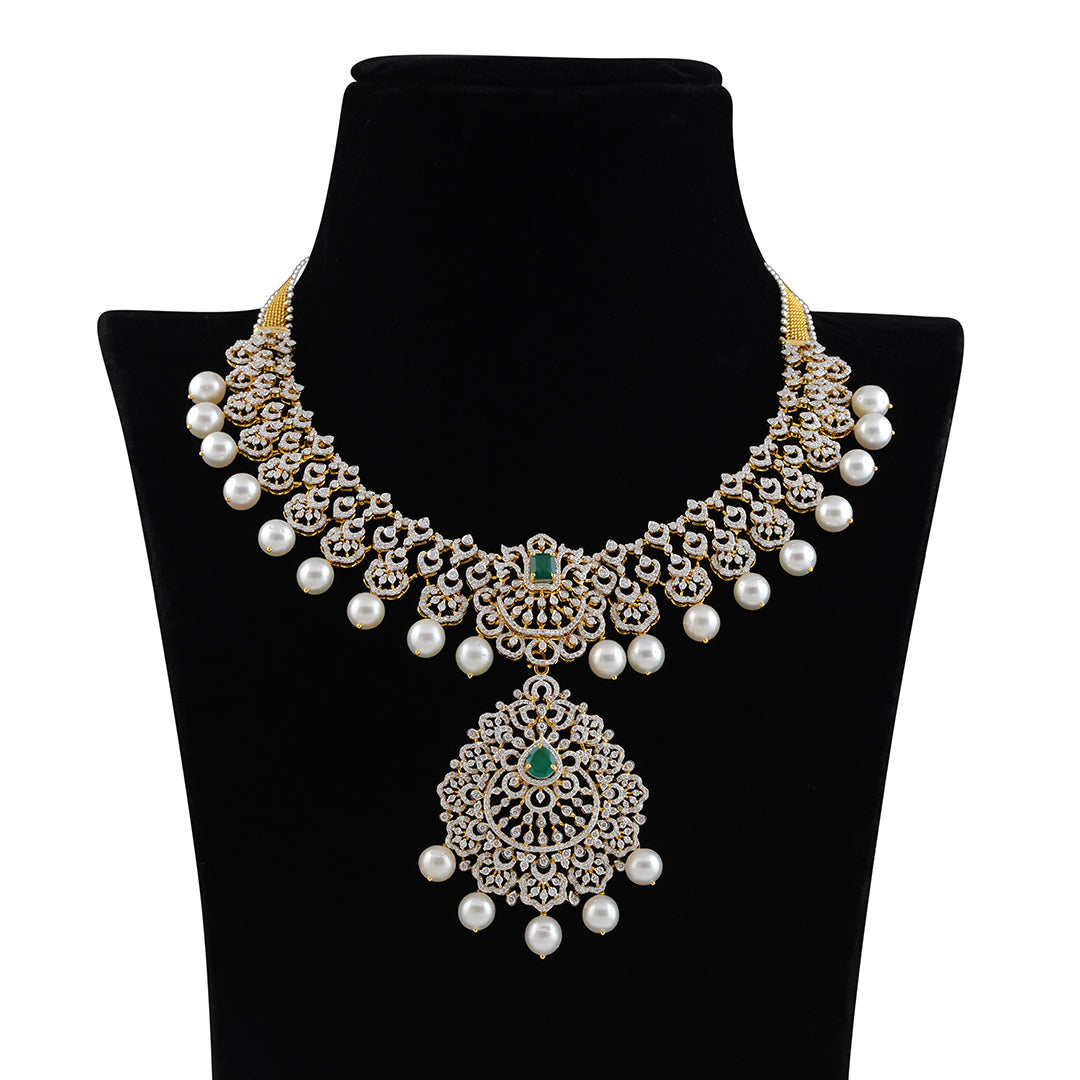 Diamond Pearl Emerald Choker Necklace - Krishna Jewellers Pearls and Gems