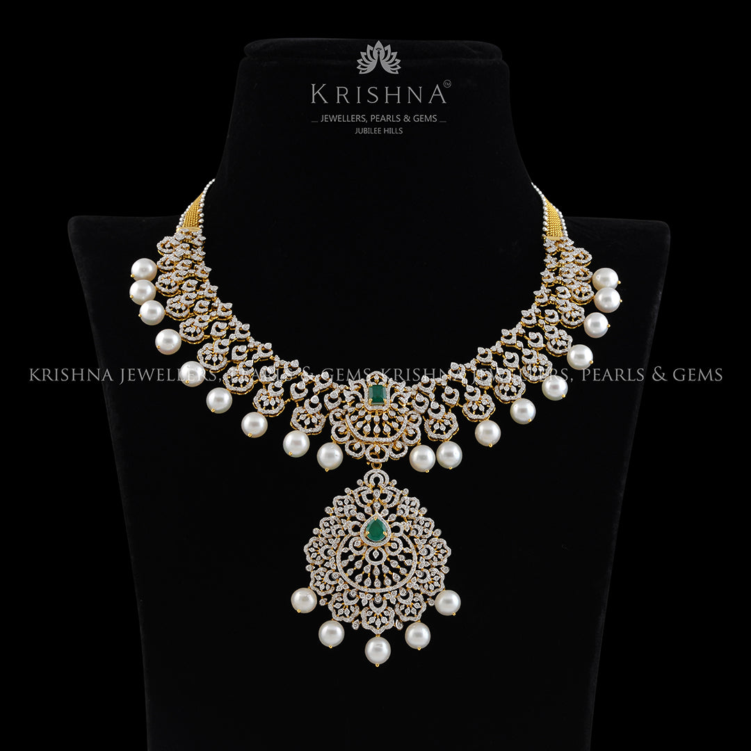 Diamond Pearl Emerald Choker Necklace - Krishna Jewellers Pearls and Gems