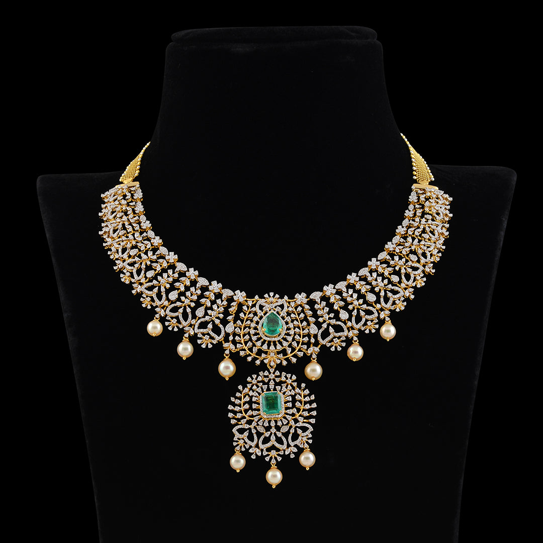 Beautiful Diamond Emerald Pearl Necklace - Krishna Jewellers Pearls and Gems