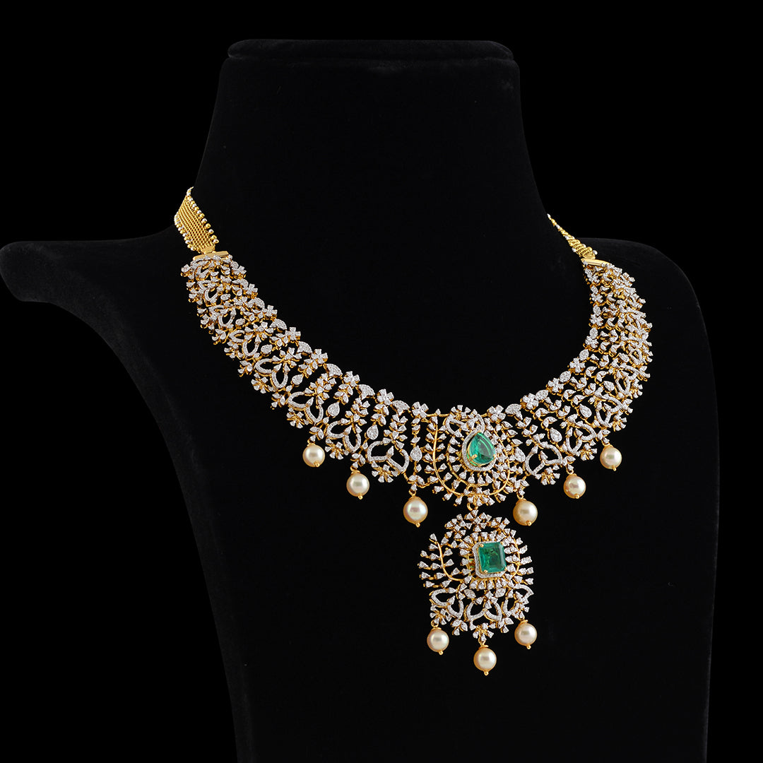 Beautiful Diamond Emerald Pearl Necklace - Krishna Jewellers Pearls and Gems