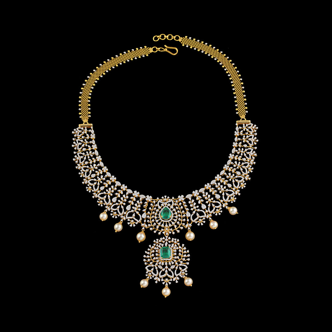 Beautiful Diamond Emerald Pearl Necklace - Krishna Jewellers Pearls and Gems