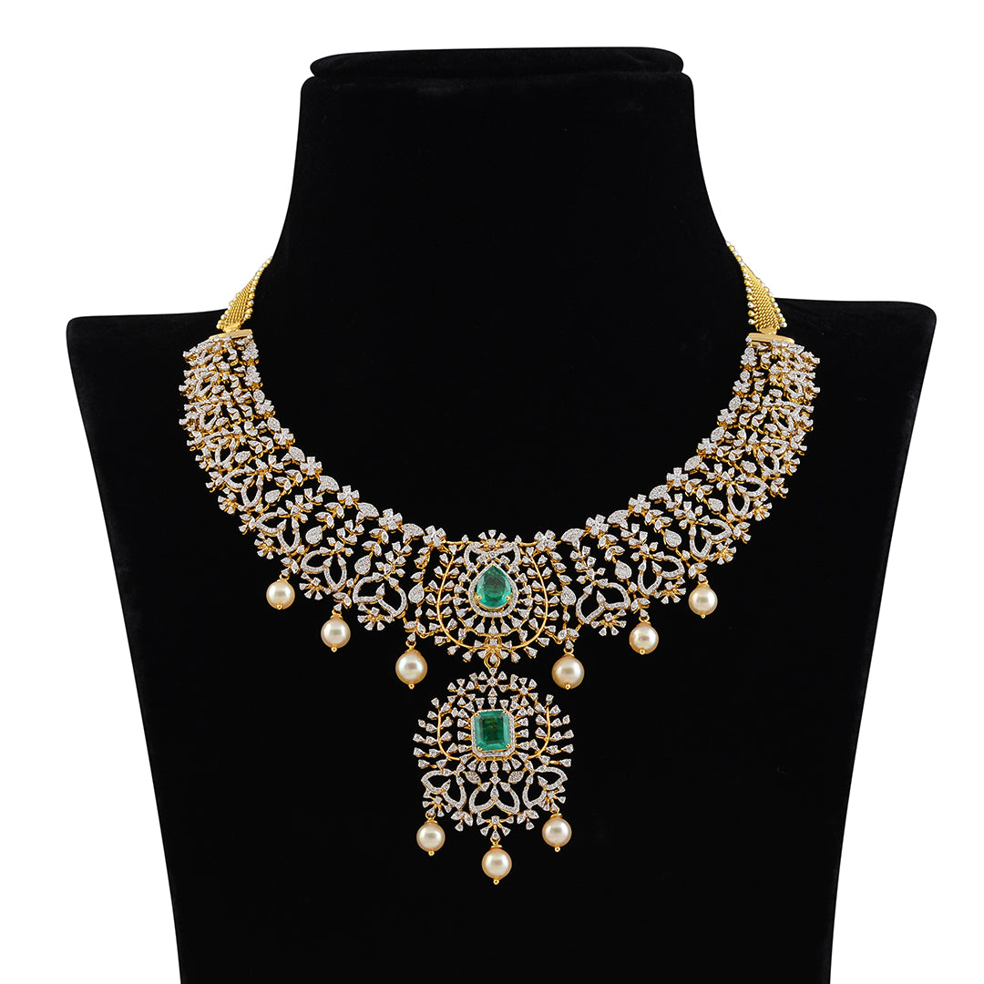 Beautiful Diamond Emerald Pearl Necklace - Krishna Jewellers Pearls and Gems