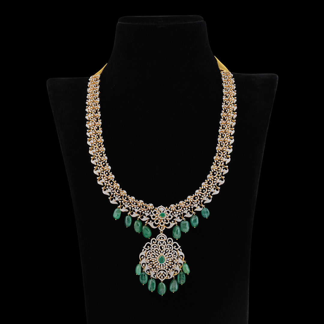 Emerald Diamond Long Haar Necklace - Krishna Jewellers Pearls and Gems