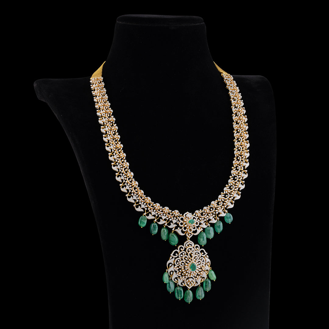 Emerald Diamond Long Haar Necklace - Krishna Jewellers Pearls and Gems