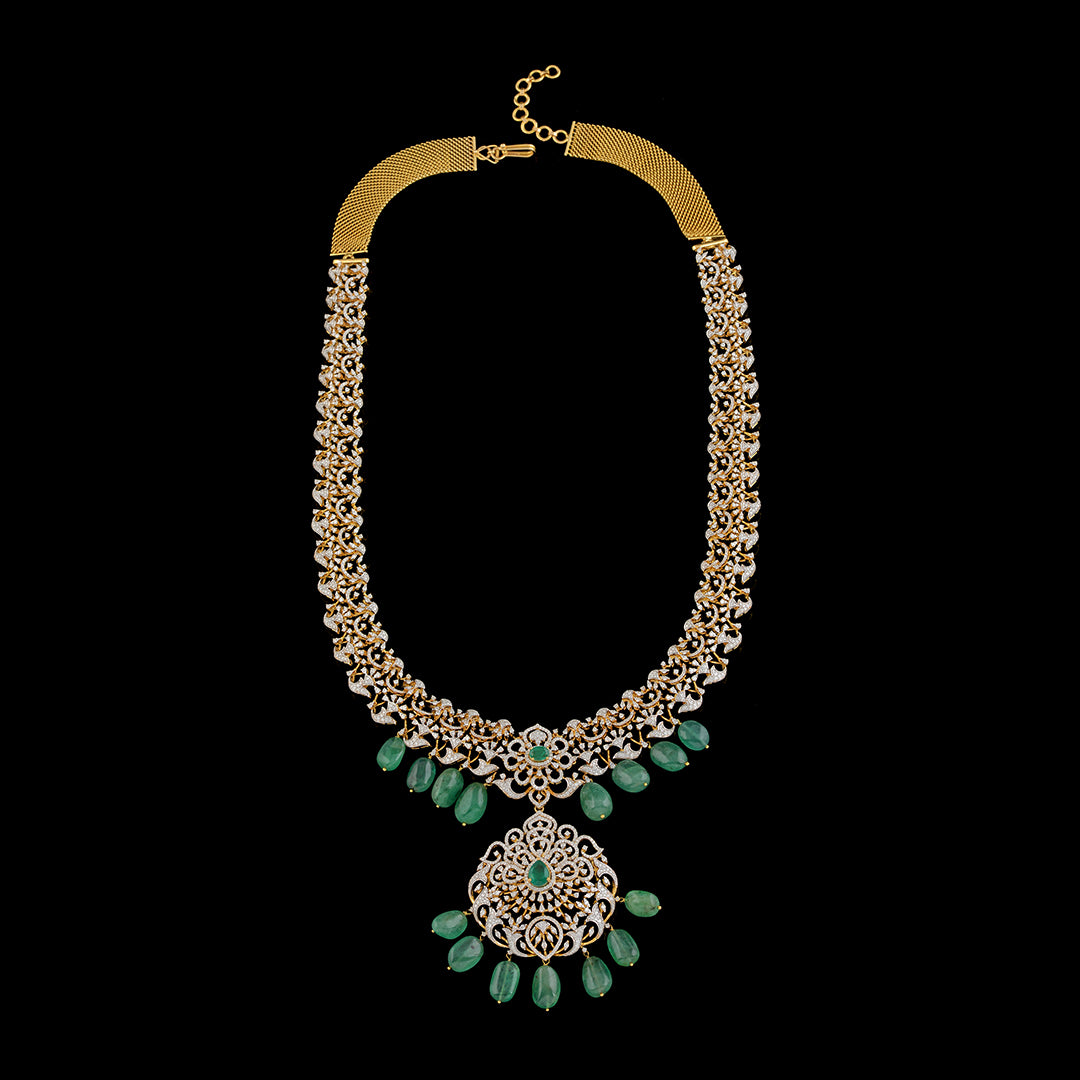 Emerald Diamond Long Haar Necklace - Krishna Jewellers Pearls and Gems