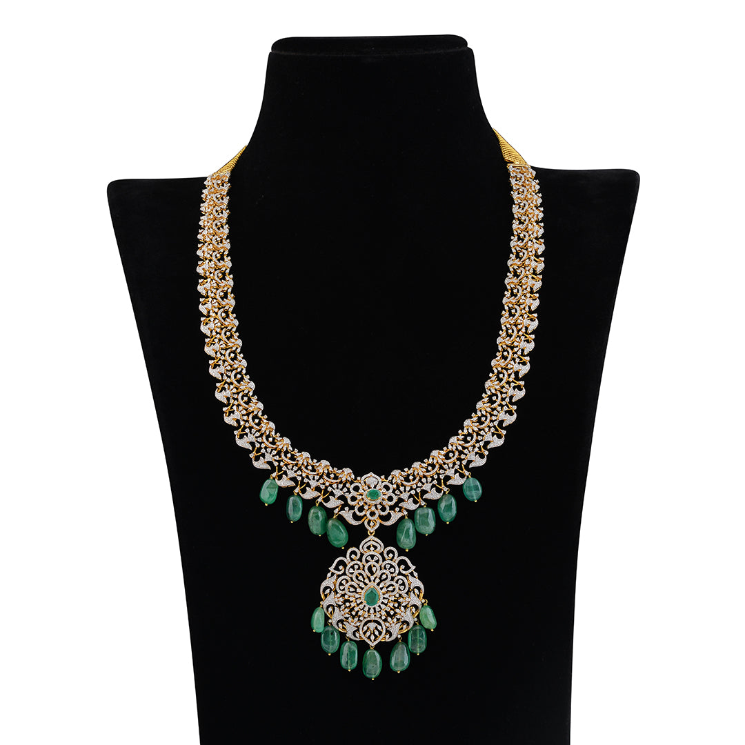 Emerald Diamond Long Haar Necklace - Krishna Jewellers Pearls and Gems