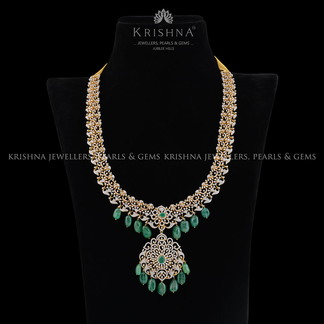 Emerald Diamond Long Haar Necklace - Krishna Jewellers Pearls and Gems