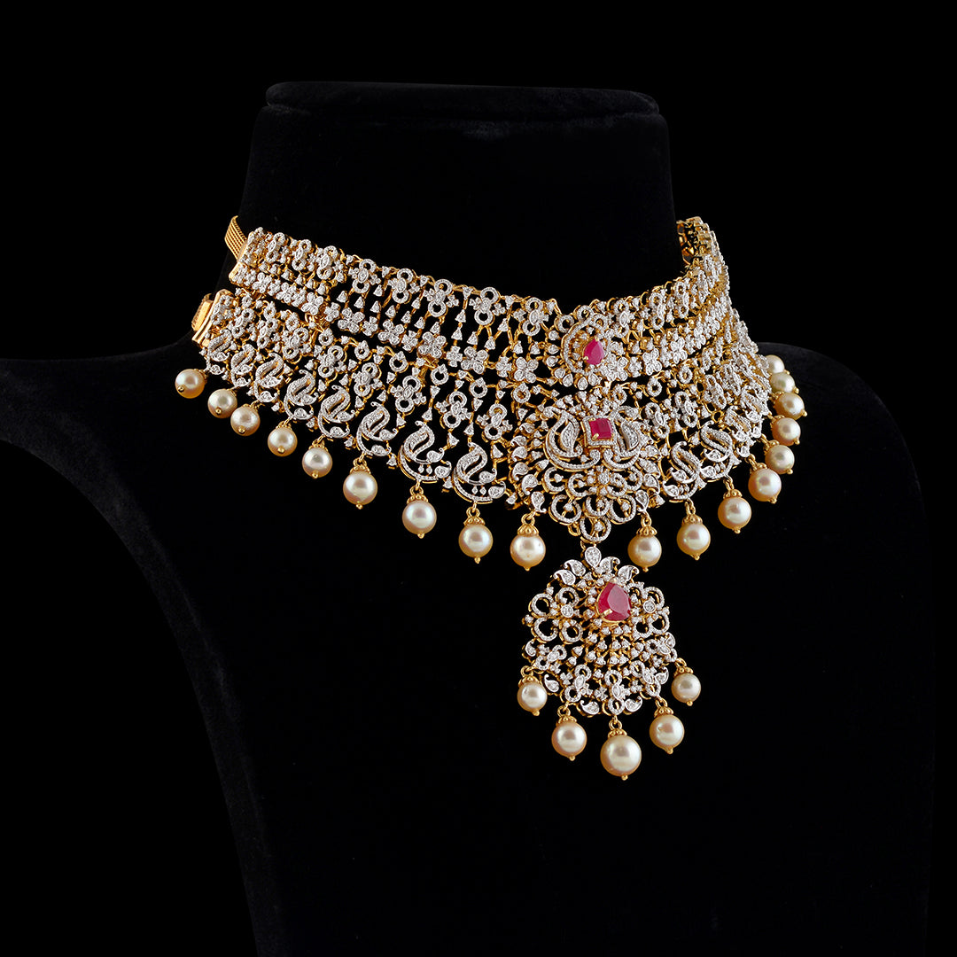 Diamond Rubys Pearl Choker - Krishna Jewellers Pearls and Gems