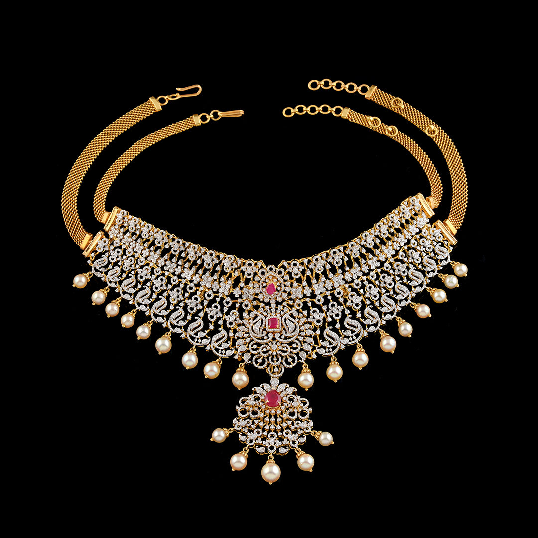 Diamond Rubys Pearl Choker - Krishna Jewellers Pearls and Gems