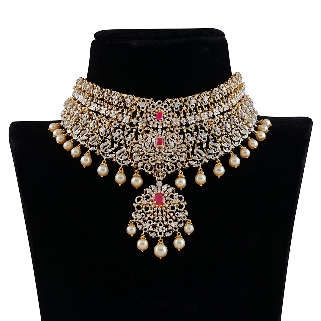Diamond Rubys Pearl Choker - Krishna Jewellers Pearls and Gems