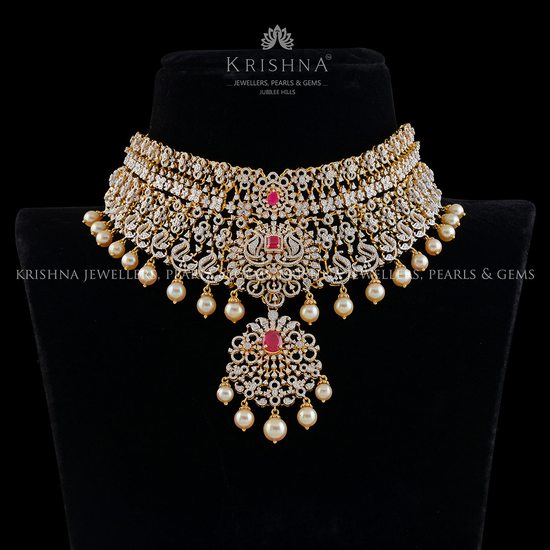 Diamond Rubys Pearl Choker - Krishna Jewellers Pearls and Gems