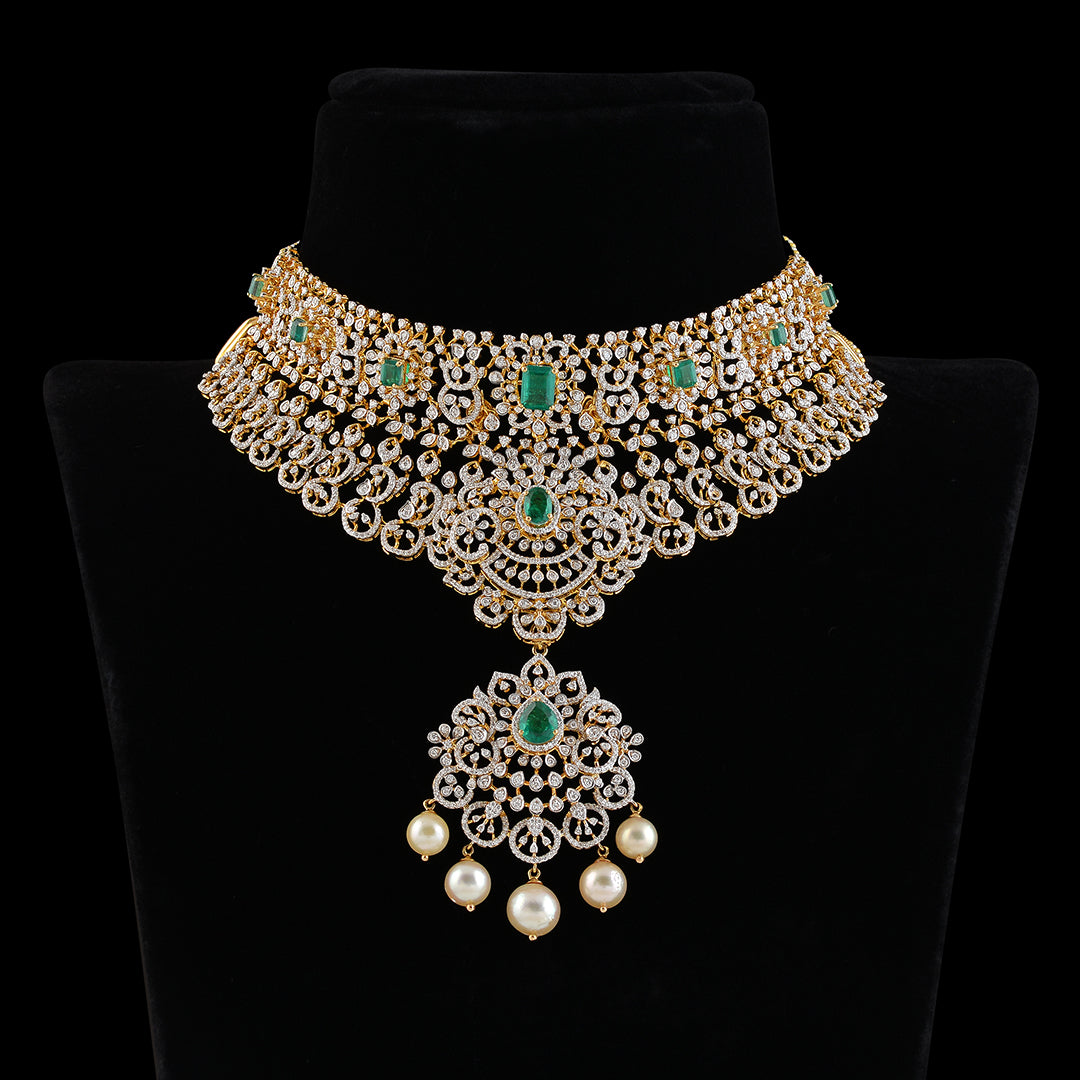 Latest Diamond Emerald Pearls Choker - Krishna Jewellers Pearls and Gems