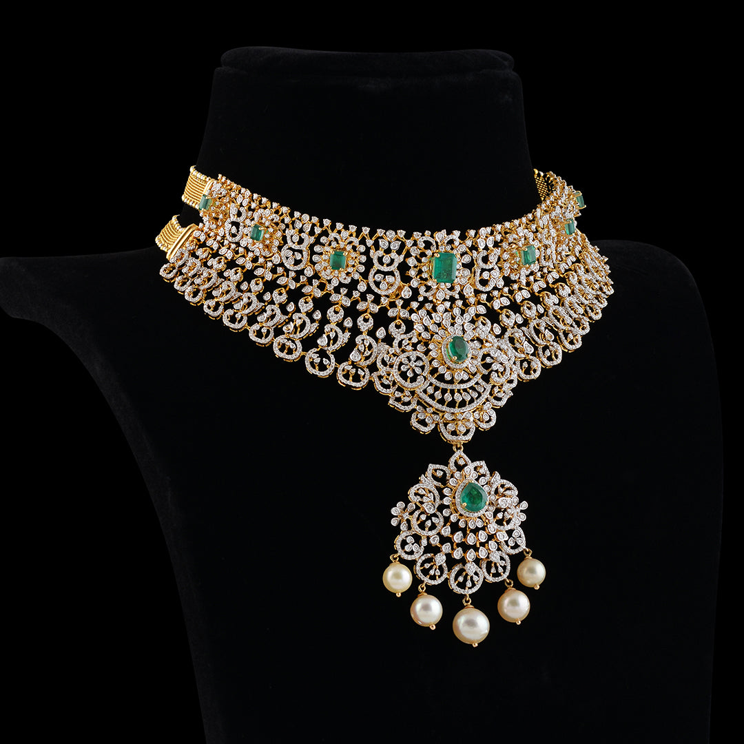 Latest Diamond Emerald Pearls Choker - Krishna Jewellers Pearls and Gems
