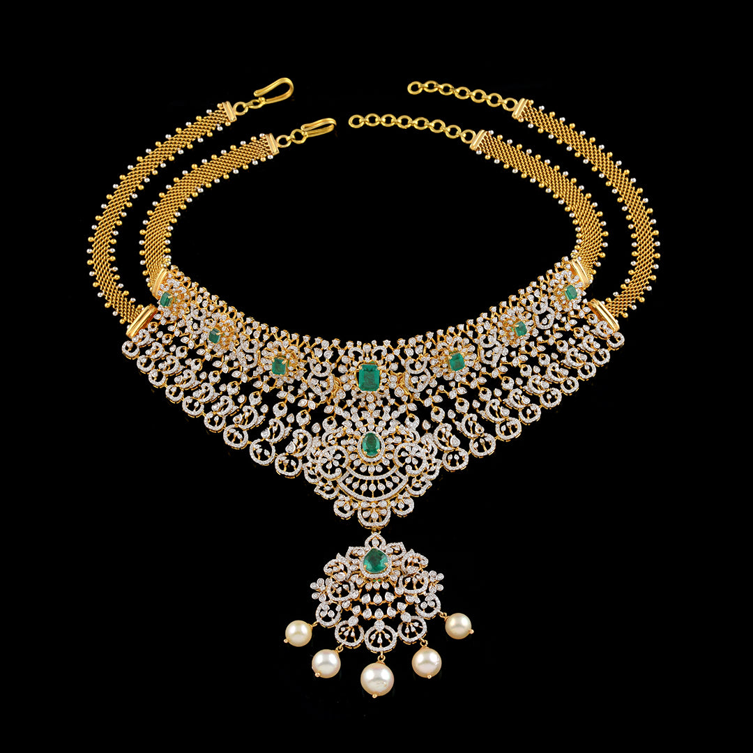 Latest Diamond Emerald Pearls Choker - Krishna Jewellers Pearls and Gems
