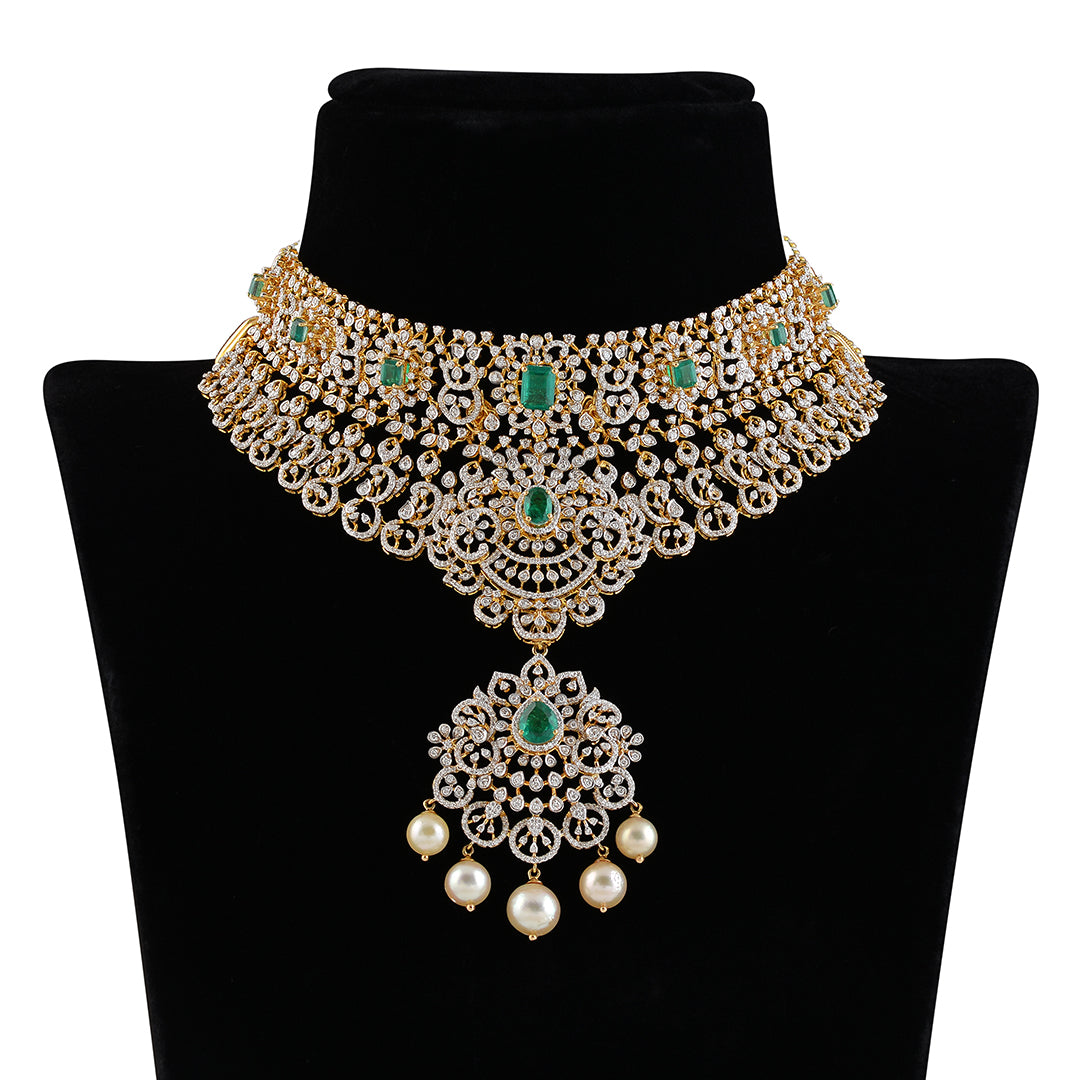 Latest Diamond Emerald Pearls Choker - Krishna Jewellers Pearls and Gems