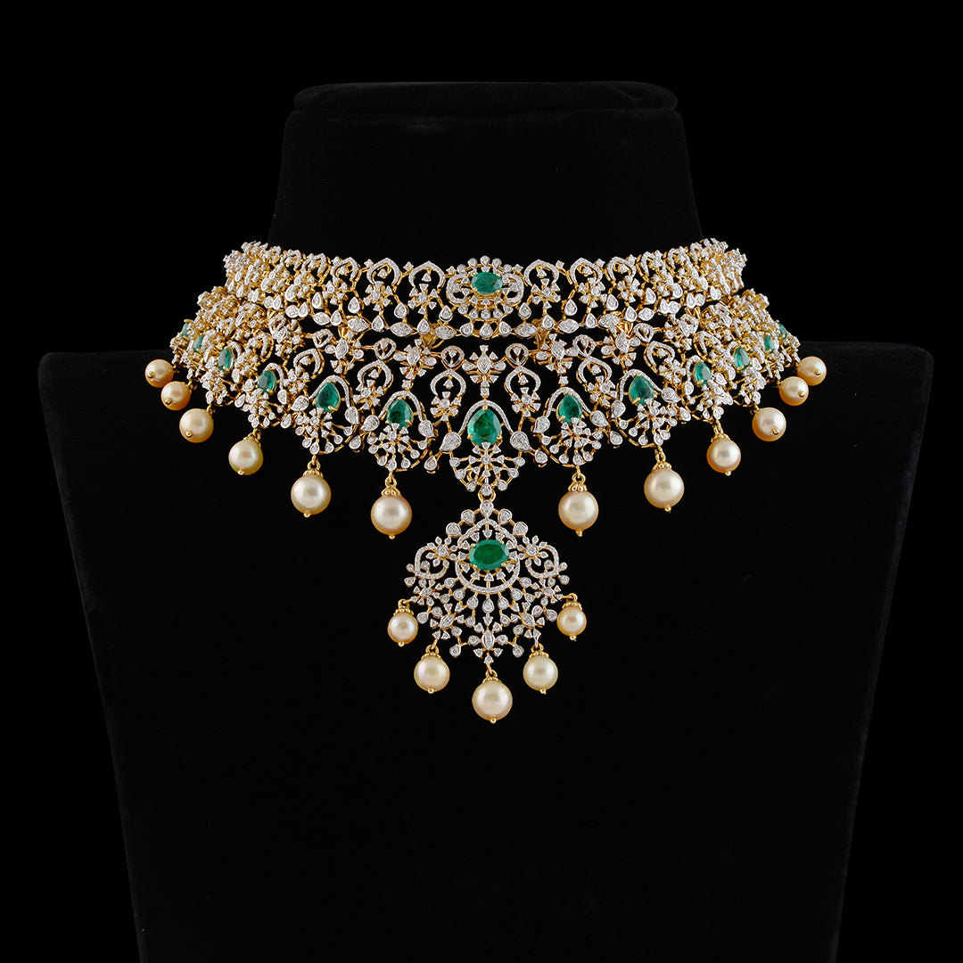Diamond Emerald Pearl Choker Necklace - Krishna Jewellers Pearls and Gems