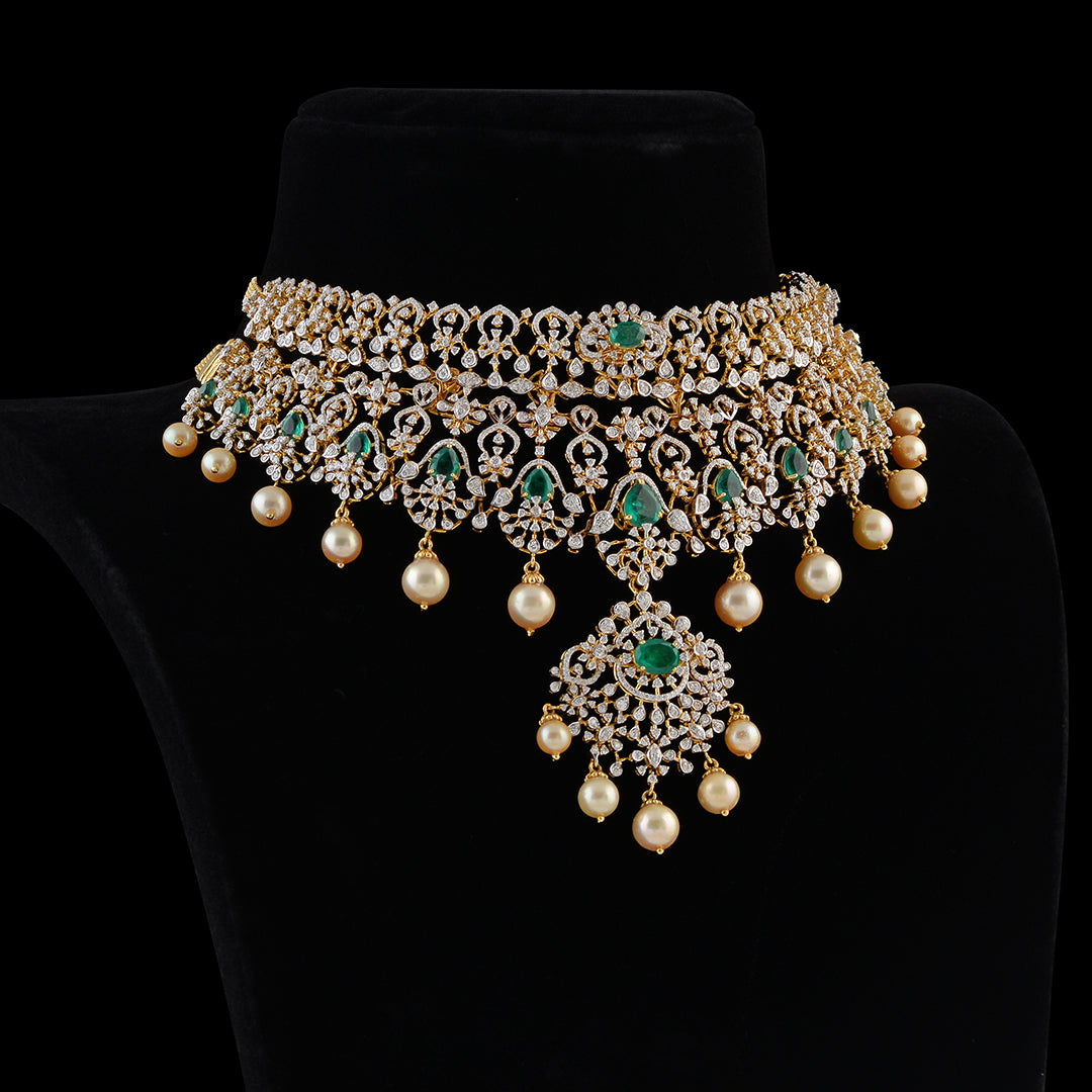 Diamond Emerald Pearl Choker Necklace - Krishna Jewellers Pearls and Gems