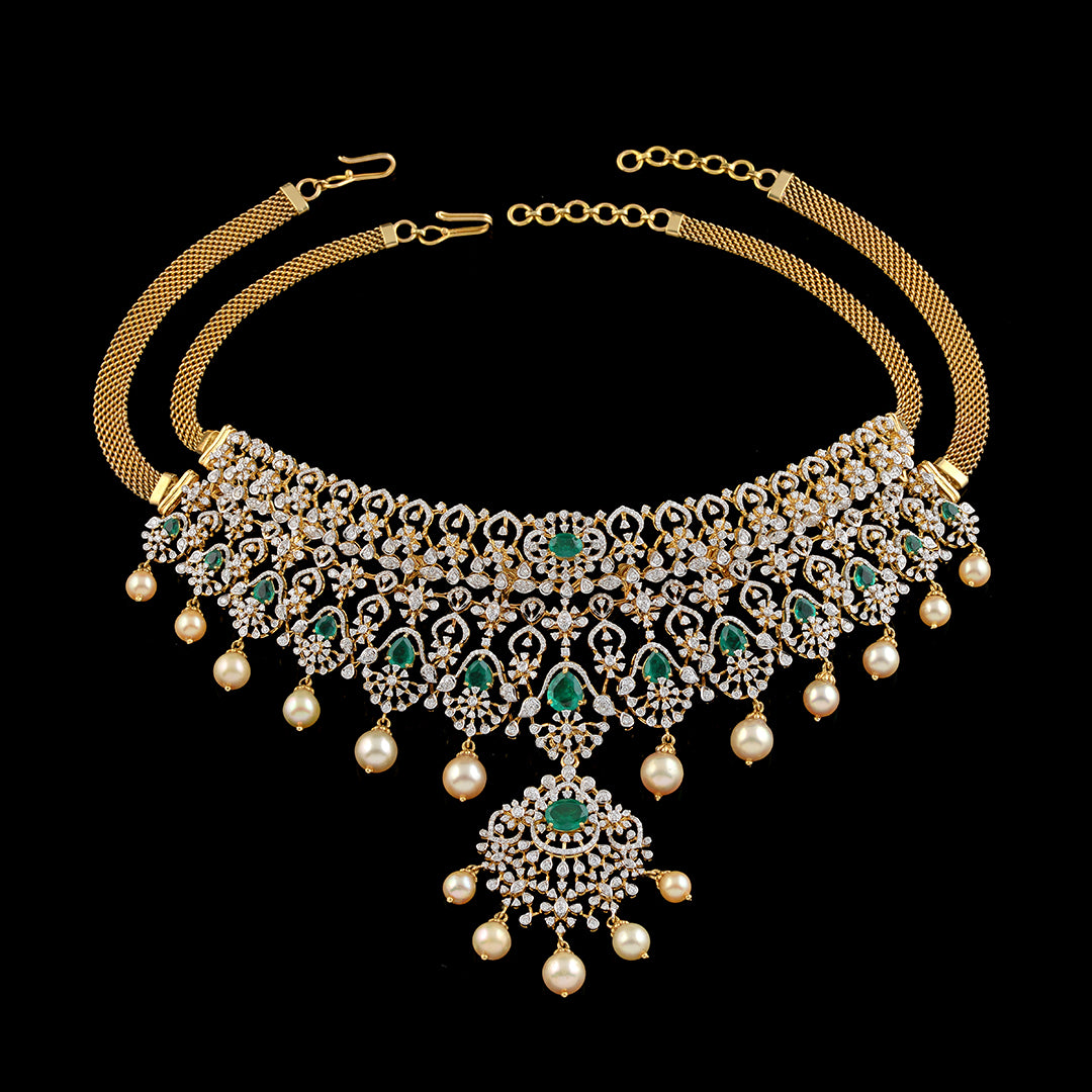 Diamond Emerald Pearl Choker Necklace - Krishna Jewellers Pearls and Gems